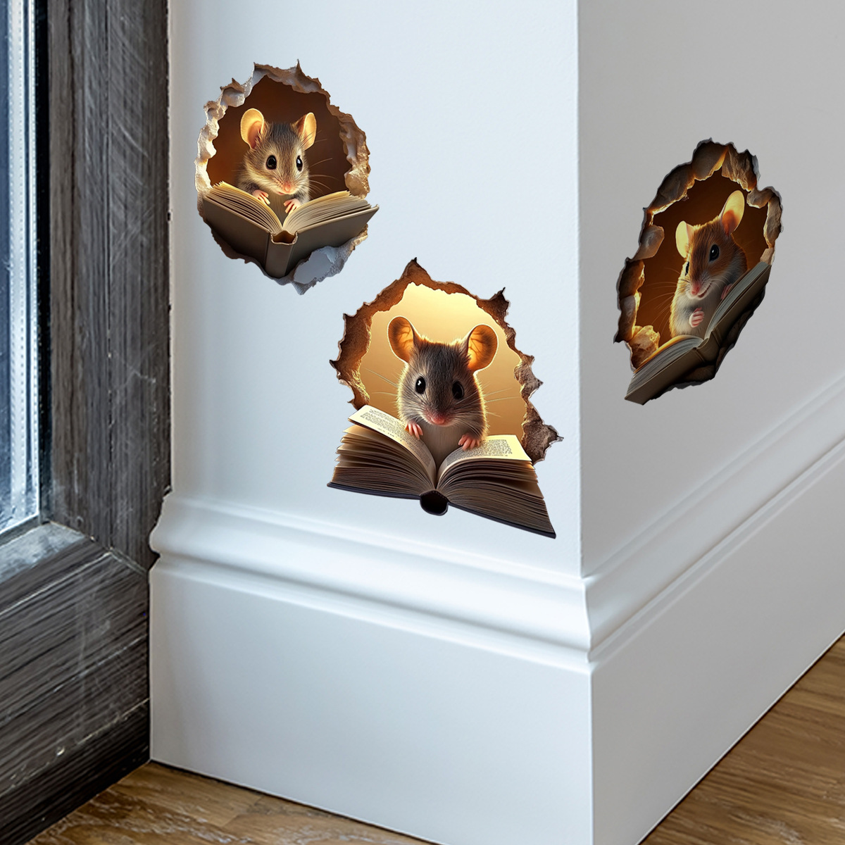 Väggdekal med tecknad 3d-mus i hål för vardagsrum och sovrum_voghion.com