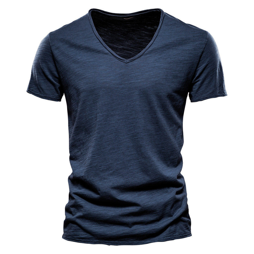 Summer Solid Color T-Shirt Bamboo Cotton Short-Sleeved New Hot Sale V Neck Cross-Border Men's Pure Cotton European and American Men's Clothing