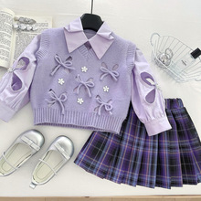 2025秋季新款女童套装韩版童装紫色针织马甲衬衣短裙女宝宝三件套