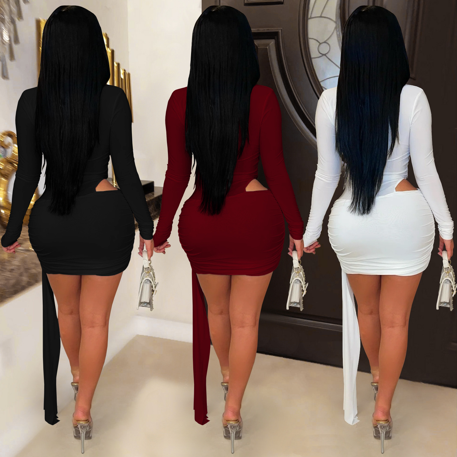 C7607 cross-border AliExpress Amazon Europa y América ropa de moda femenina sexy oscura V vestido de correa de color sólido vestido corto nuevo image 3