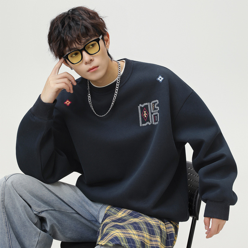 400g Heavyweight Crewneck Sweatshirt, Autumn Style, Ethnic Style, Color-Blocking, Textured Embroidery, Pullover, Trendy Brand Top, Jacket Q 400g Heavyweight Crewneck Sweatshirt, Autumn Style, Ethnic Style, Color-Blocking, Textured Embroidery, Pullover, Trendy Brand Top, Jacket Q