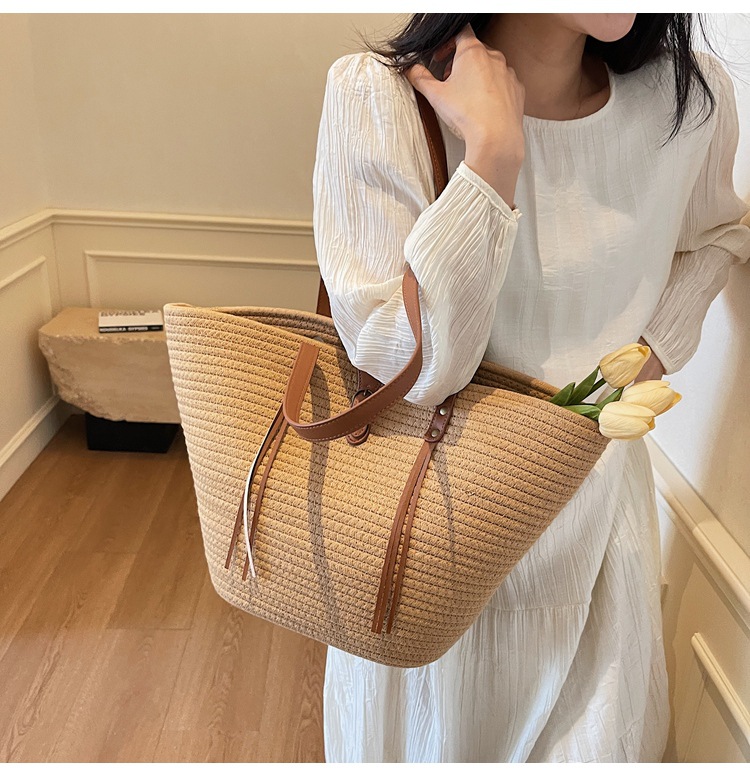 1125g Weight Weave Fashion Element Lock clasp Closure Type Double Shoulder Straps Strap Type Straw Bag Bags Type Casual Occasion cotton rope Material Solid Color Pattern Spring&Summer Season Women's Gender Beach Style Bucket Shape Large Size Women's Large Cotton Rope Solid Color Beach Weave Bucket Lock Clasp Straw Bag 13