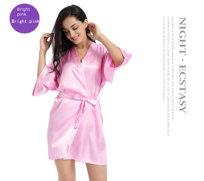 Cross-border Women's Twisted Sade Nightgown Bathrobe Solid Color Glossy Summer Thin Sexy Short Cardigan Gown_voghion.com