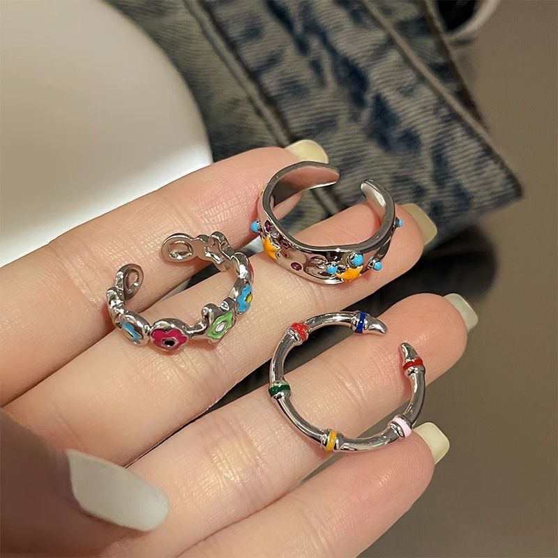Cincin terbuka bintang bunga warna-warni gaya Retro cincin desain niche wanita perhiasan personalisasi yang dapat disesuaikan musim panas
