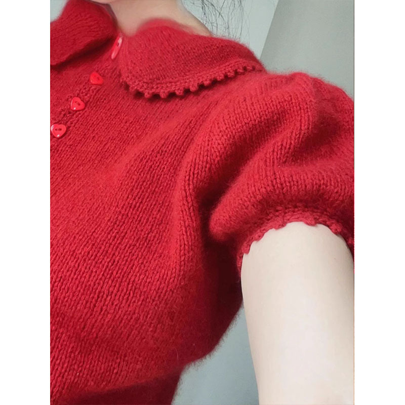 European Hot Style Red Knitwear Knitwear 2023 Design Puff Sleeves Small Lapel Super Short Sleeve Top Short Style