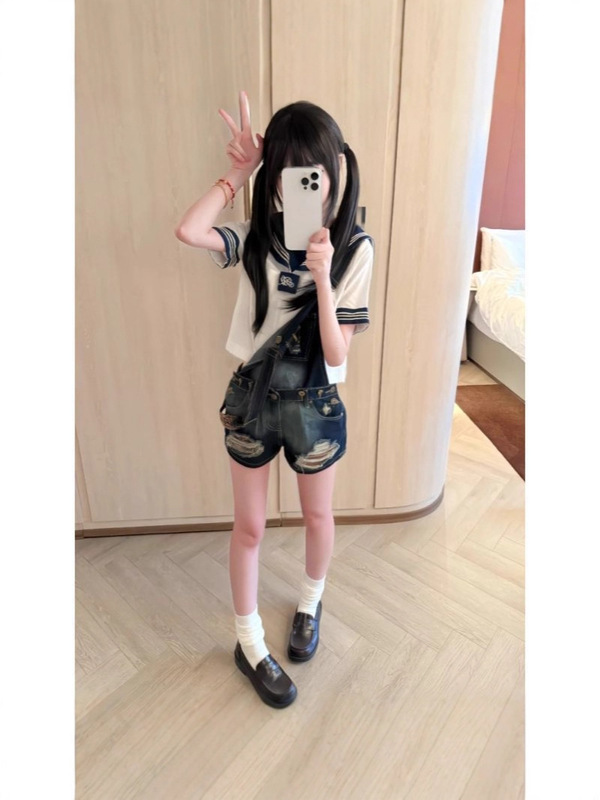 美式辣妹可拆卸两穿破洞牛仔背带短裤女夏季新款连体包臀热裤子潮|undefined