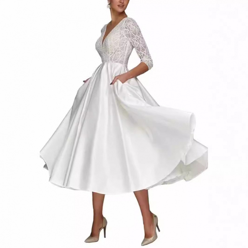 2025 nuevo vestido de novia europeo y americano en V profundo vestido de Amazon manga color sólido moda encaje novia boda primavera
