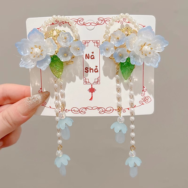 Niños flores de perlas para el cabello de mujeres estilo antiguo estilo Han toque de cabello de niña super inmortal estilo nacional tarjeta de cabello de niña pequeña para el cabello de clips