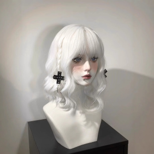 White Hair Curly Short Realistic Full Head Cover with Qi Bangs Atmosphere Short Curly Hair Female Internet Red Secondary