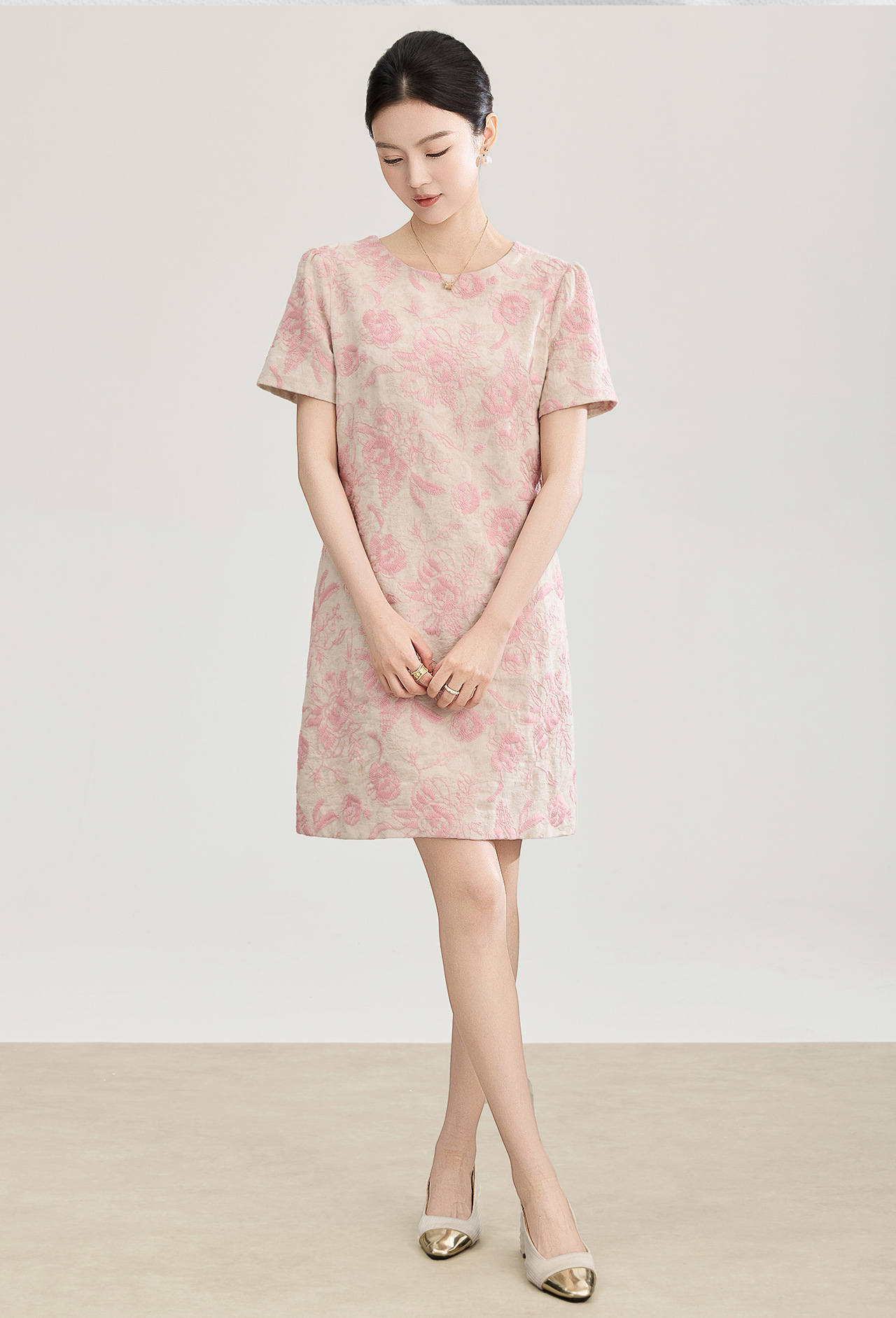 Đầm chữ A thêu jacquard tay ngắn mùa xuân hè — xanh lam chi tiết 2
