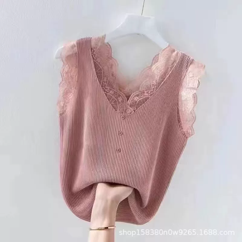 Шелковый кружевной топ без рукавов, кружевная кайма, размер плюс (L–4XL), западный стиль, утягивающий эффект