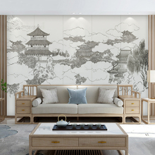 9C现代新中式山水墙纸楼阁雅致意境风壁画客厅沙发背景墙布茶室壁