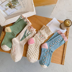 3D Tulip Tube Socks for Girls, Cotton Combed, Boneless, Cute and Sweet, Teenage Fashion, Pile Socks, Wholesale
