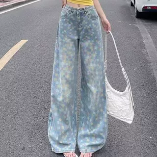 【跨境外贸专供】2025款彩格长裤高街vibe复古宽松显瘦阔腿牛仔裤