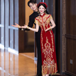 Slimming Cheongsam New Chinese Style Sleeveless Wedding 2025 New Embroidered Toast Dress Engagement Dress Retro Long Sleeve