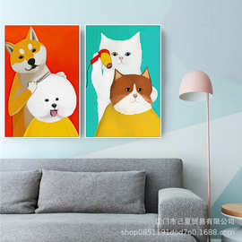 猫猫理发师装饰画搞笑创意理发店发廊墙面挂画可爱猫咪宠物店壁画