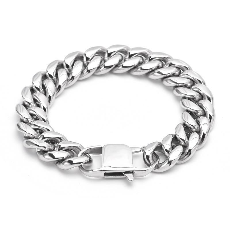 European and American Men's Titanium Steel Trendy Bracelet 14mm Wide Cuban Chain Trendy Wear Fashion Mirror Light Bracelet Hip Hop Jewelry
