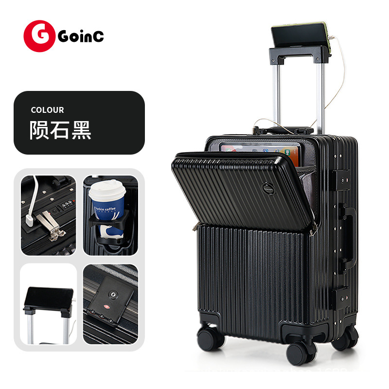 Maleta multifuncional con marco de aluminio de 20 pulgadas para mujer, caja con ruedas resistente al desgaste para hombre con portavasos, caja de embarque de viaje de 24 pulgadas para hombre