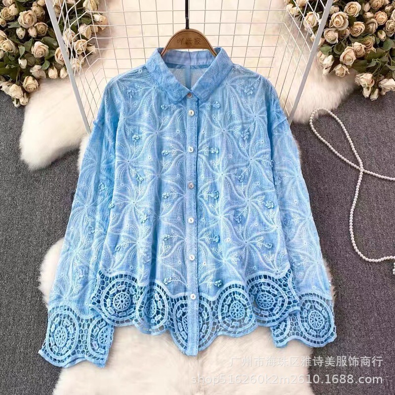 Autumn elegant elegant long sleeve loose lapel single-breasted cotton embroidered lace stitching shirt women's casual top