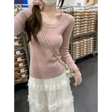 美式2025秋季韩版气质修身u领内搭长袖安迪绒针织衫打底衫女毛衣