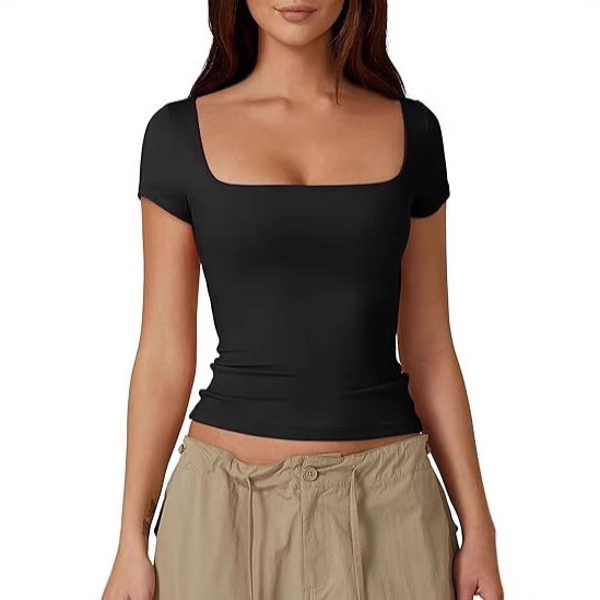 Amazon Cross-border European and American Top Women's Slim-fit Slimming Navel Solid Color Square Collar Base Shirt Gentle Short-sleeved Square Collar Amazon Cross-border European and American Top Women's Slim-fit Slimming Navel Solid Color Square Collar Base Shirt Gentle Short-sleeved Square Collar