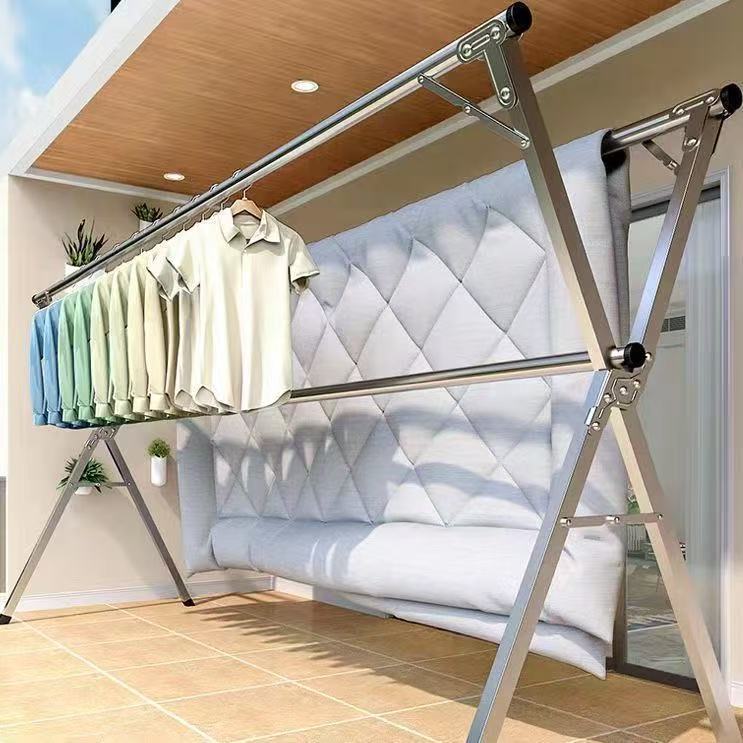 Stainless Steel Drying Rack Floor Folding Household Balcony Drying Rack Indoor and Outdoor Double-Rod Telescopic Clothes Rack