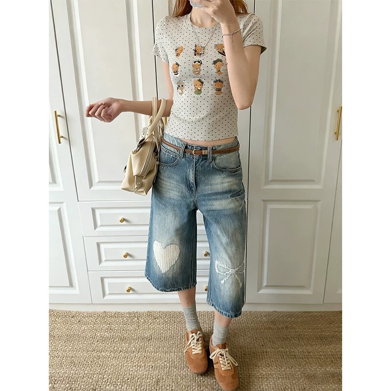 American Retro Style Women's Summer Distressed Heart-Patterned Vintage Straight Wide-Leg Jeans Loose Casual Mid-Length Pants American Retro Style Women's Summer Distressed Heart-Patterned Vintage Straight Wide-Leg Jeans Loose Casual Mid-Length Pants