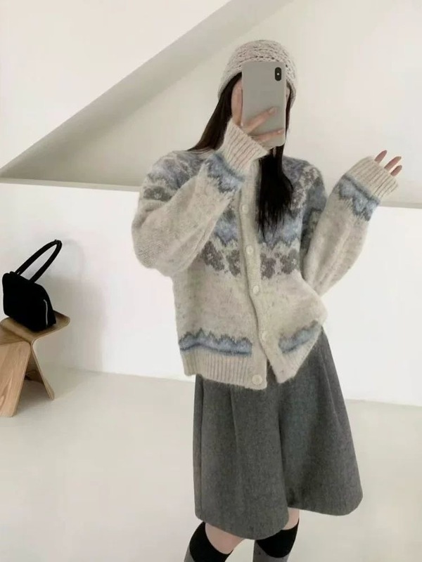 北欧复古费尔岛提花针织开衫女秋冬新款甜美宽松慵懒风毛衣外套厚|undefined