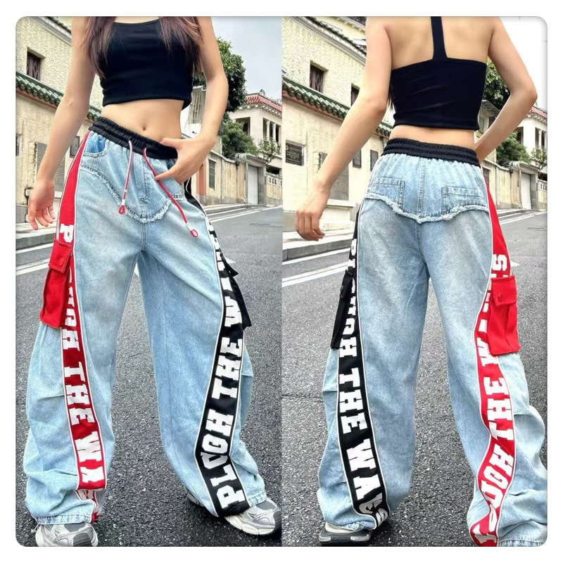 European Jeans for Women 2025 Autum New Heavy Industry Red and Black Letter Print Webbing Large Flap Pocket Pants Drawstring Pants Trendy