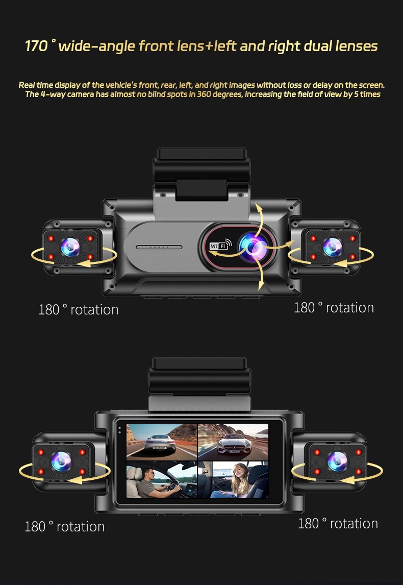 Cross-Border 3.0inch Hd Dash Cam with Four Cameras, Wifi Mobile Phone Connectivity, High-Definition Night Vision, Four-Lens Video Recording
