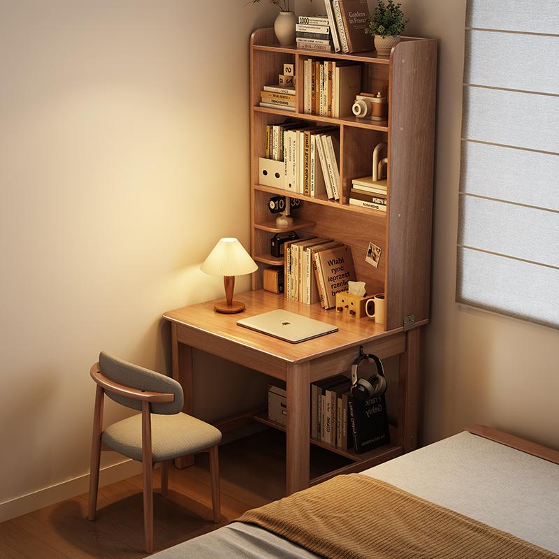 Solid Wood Desk and Bookshelf Integrated Small Bedroom Bedside Table Student Home Writing Desk Wall Computer Desk