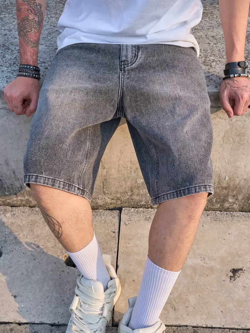 Heren denim shorts stone washed relaxed fit rechte broekspijp_voghion.com