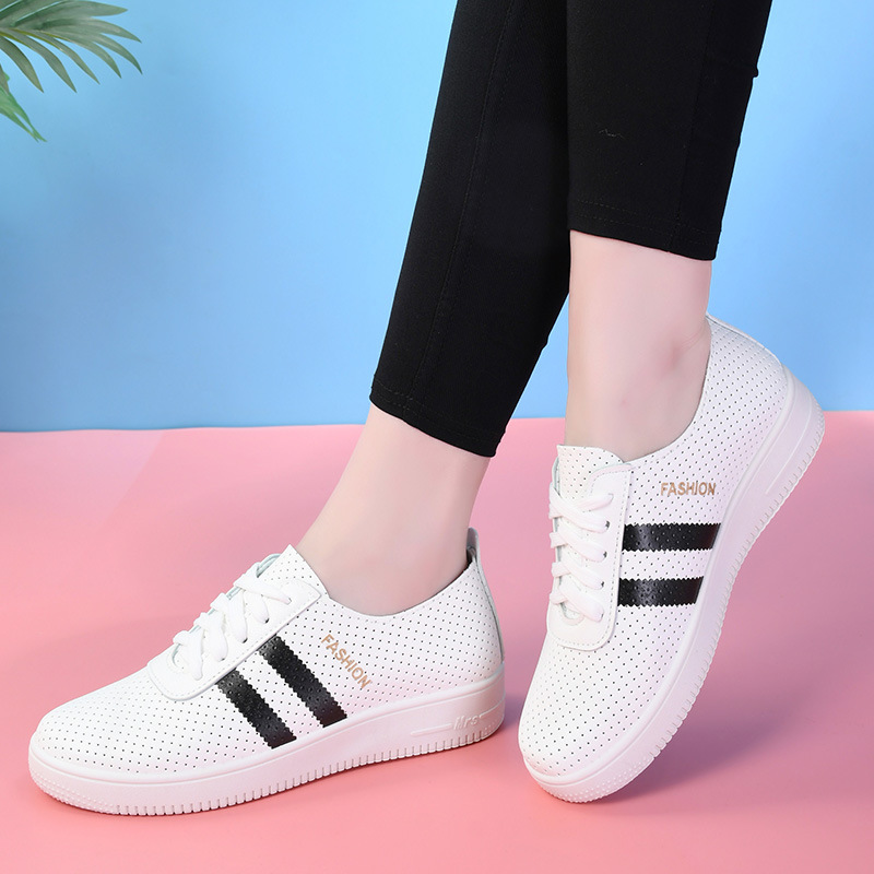 Leather-Covered White Sneakers, Spring and Summer New Style Hollow Mesh Shoes, Breathable Female Students' Soft-Soled Non-Slip Korean Style Women's Shoes