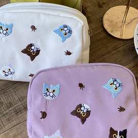 ins刺绣猫咪化妆包便携式口红气垫精致收纳包大容量化妆品马卡龙