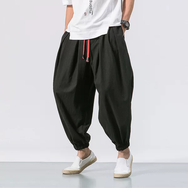 2024 Chinese Style Ice Silk Cotton and Linen Men's Pants Loose Large Size Men's Trendy Trousers Harlan Pants Lantern Leg Casual Pants