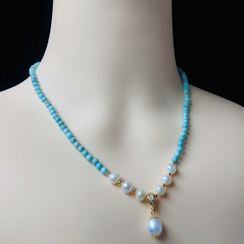 Natural Freshwater Pearl Pendant Necklace Light Blue Turquoise Hand Beaded Women's Simple Fresh Niche Clavicle Chain
