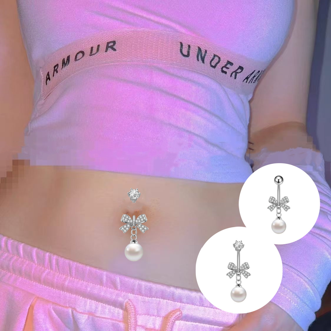 Simple Full Zircon Bow Pearl Belly Button Ring - Gold Ball, Copper Base, Summer 2025 detail image 10