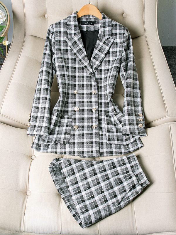 Dongguan Factory Hair Business Wear Retro Plaid Small Suit Collar Jacket Women's Elathe Shorts suit Spring OL White Collar Dress