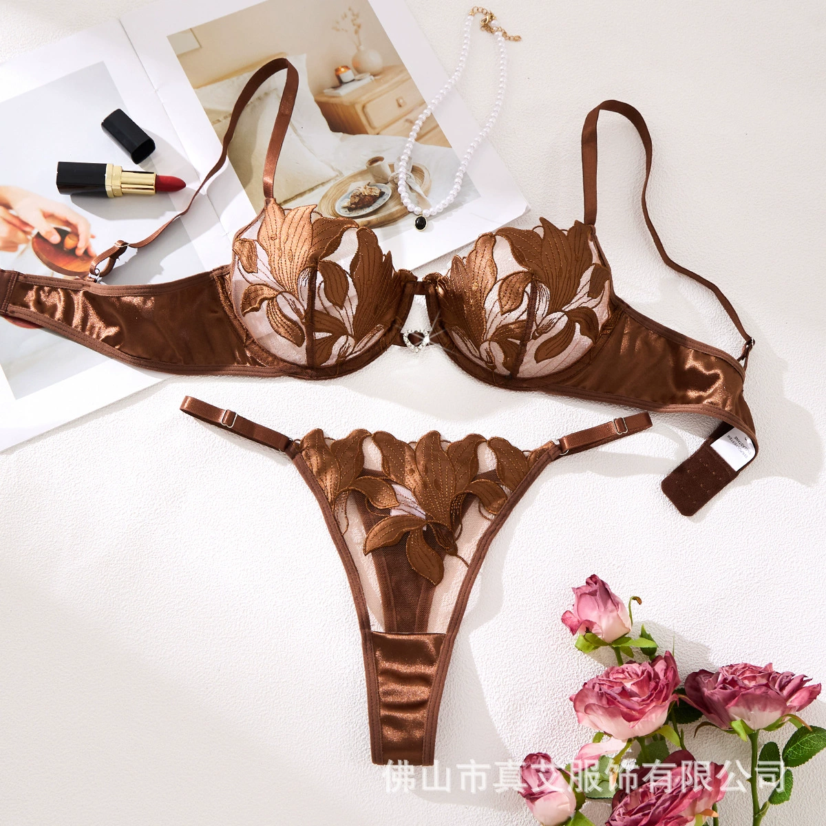 Панчло Lace Embroidered Bra & Thong Set, Floral Design, Women's Sexy Lingerie, Sizes S–XL