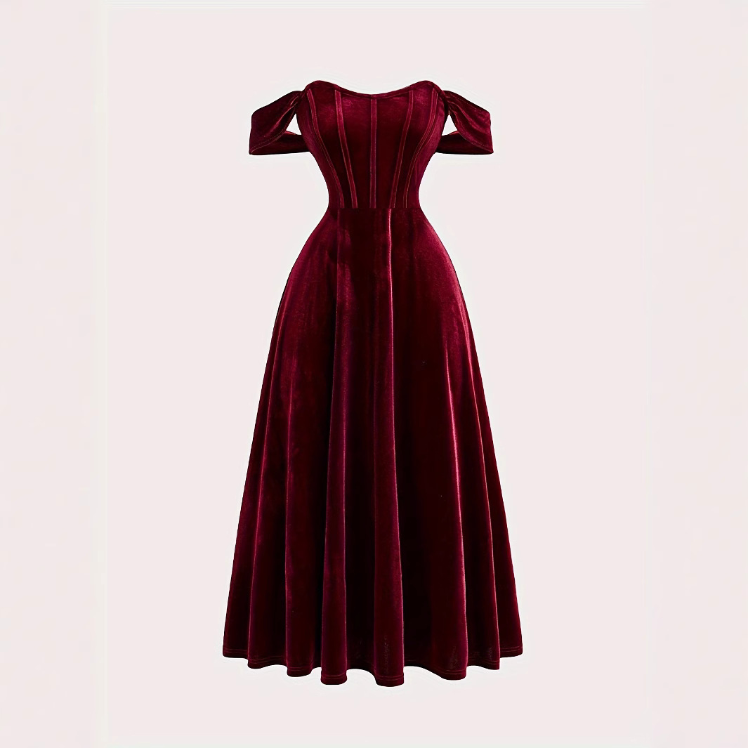 秋冬跨境轻奢礼服酒红色韩国绒抹胸款敬酒连衣裙晚礼服大衣伴娘裙