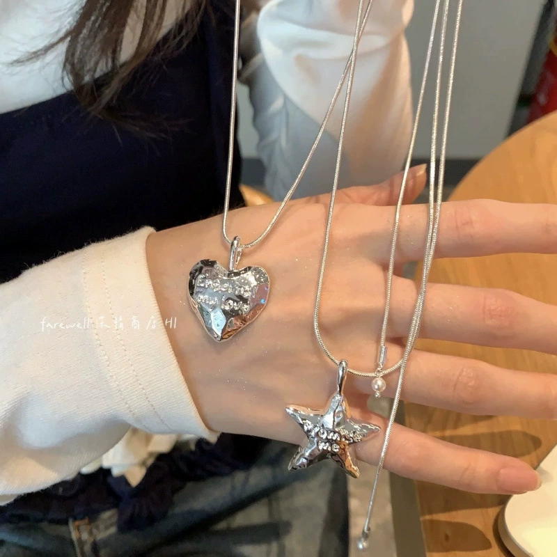 Silver Letter Heart Star Pendant Long Titanium Steel Necklace for Women Niche High-End Versatile Pull-Out Sweater Chain