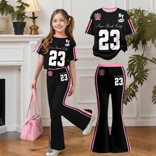 跨境批发女童喇叭裤套装，春夏秋时尚女孩23数字短袖长喇叭裤套装