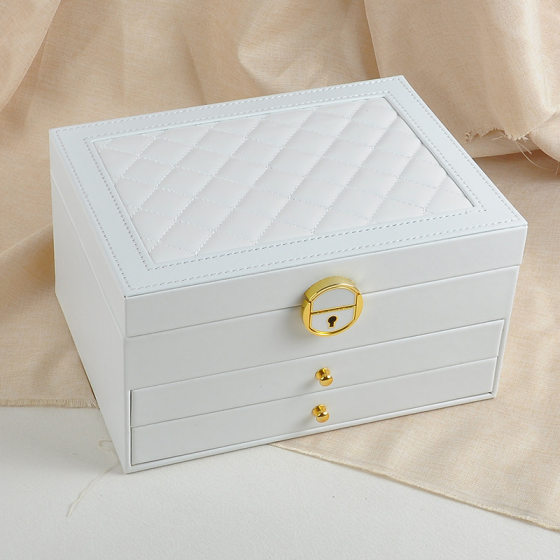 Multifunctional Prism Leather Jewelry Box Three-Layer Jewelry Bracelet Jewelry Box Hardware Lock Ring Earring Storage Box