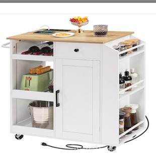 Kitchen Island with Power Outlets, Kitchen Island Cart with Drawers, Kitchen Island Table White