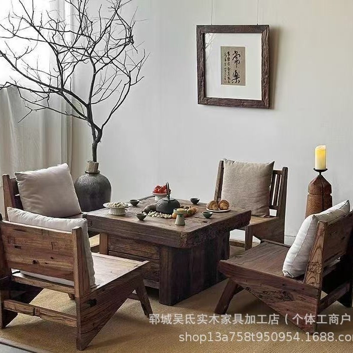 老榆木茶桌家用实木煮茶休闲火锅餐桌露营野餐喝茶多功能烧烤桌|undefined