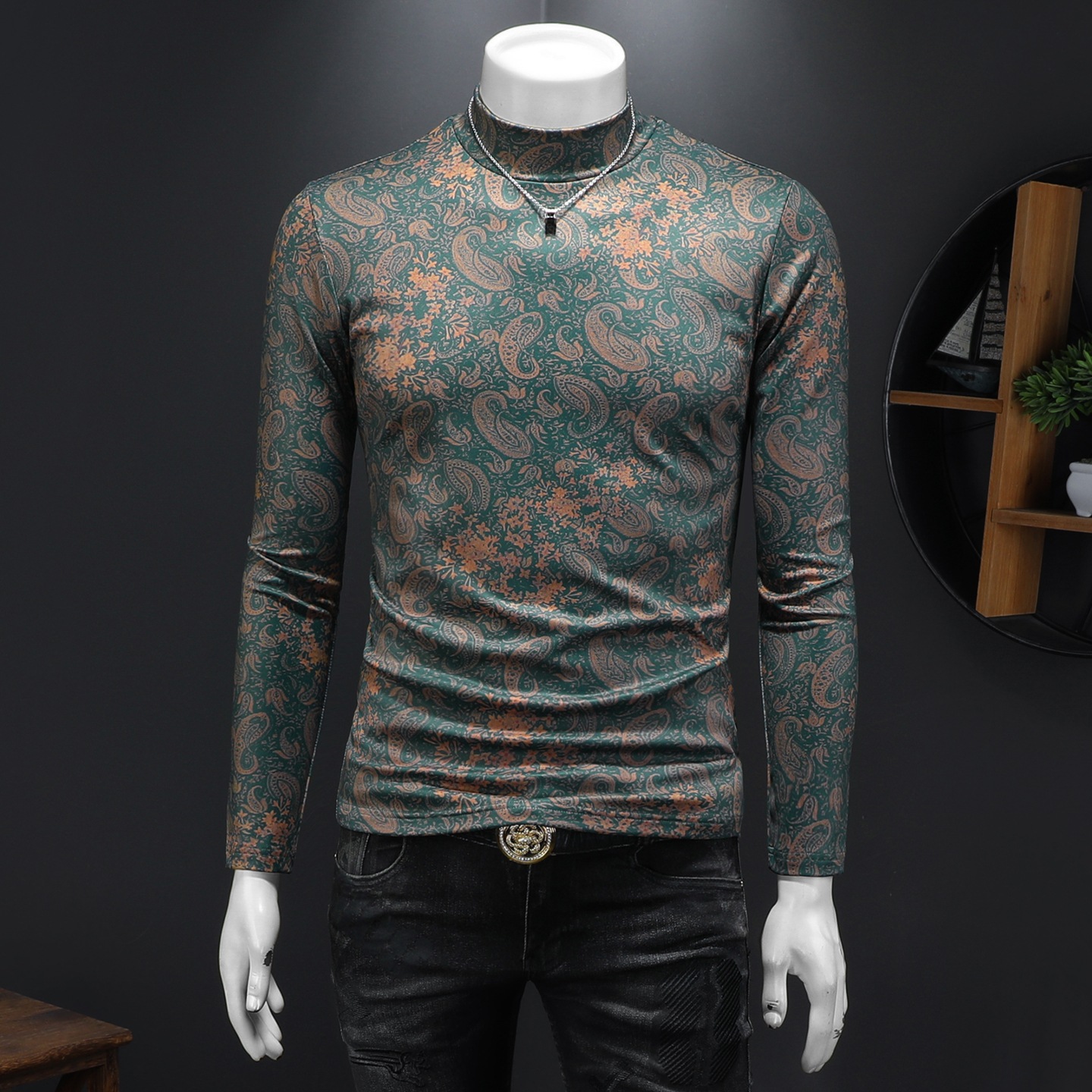 欧洲站新款秋冬印花长袖t恤男潮牌印花半高领休闲时尚打底衫秋衣