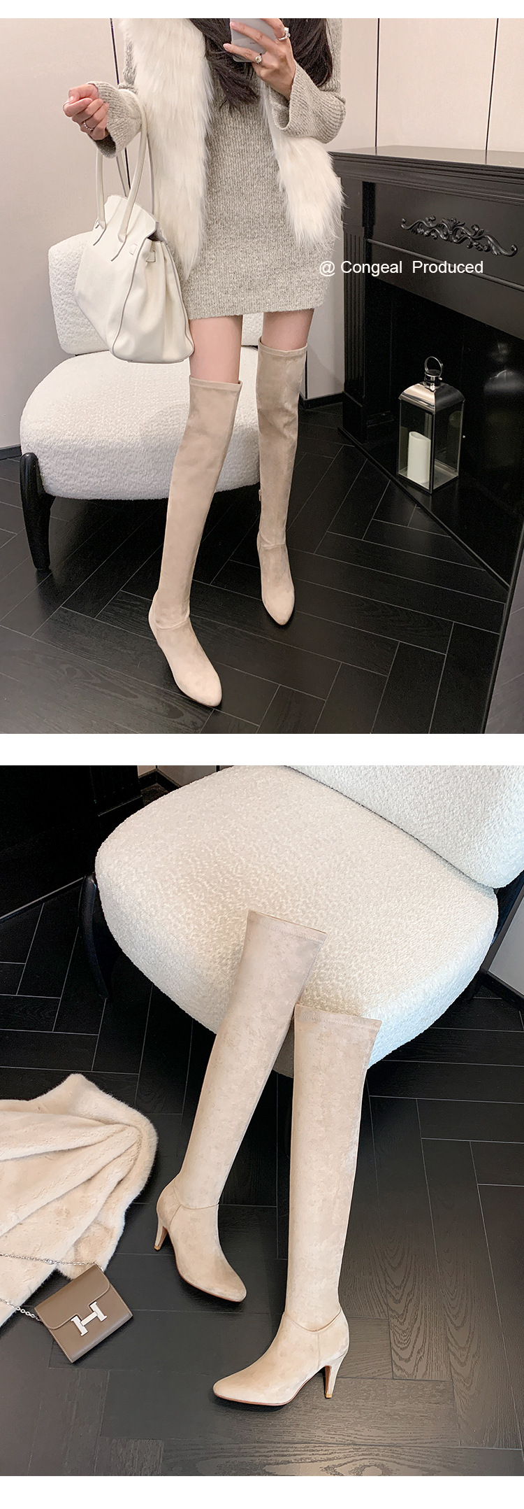 Boot nữ cổ cao trên gối mũi nhọn gót cao 9 cm chất da lộn co giãn — Lớp lót nhung tiêu chuẩn màu đen trên đầu gối, Lớp lót nhung lớn màu mơ trên đầu gối, Giày bốt cao cấp lót nhung tiêu chuẩn màu mơ, Lớp lót nhung đen trên đầu gối chi tiết 33