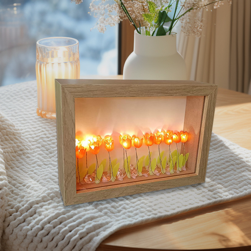 Nuevo marco de fotos de tulipanes luces nocturnas creativas flores mares hechas a mano DIY paquetes de materiales románticos luces de regalo de cumpleaños