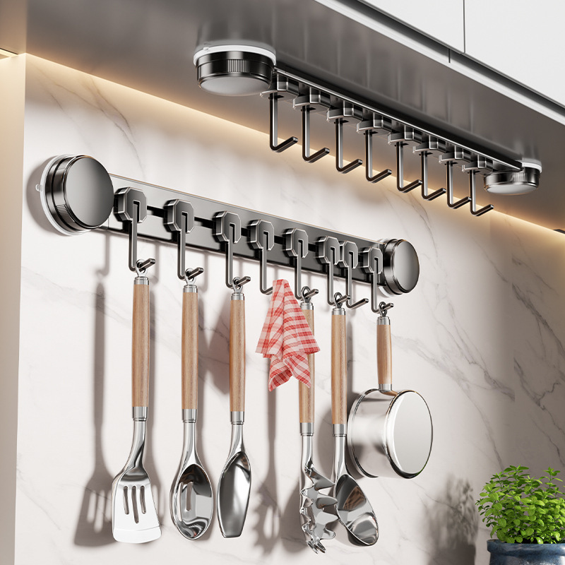 Suction Cup Kitchen Hook Rack, No-Drill Adhesive Hook Rail, Spatula and Spoon Hanging Rack, Wall-Mounted Storage Rack