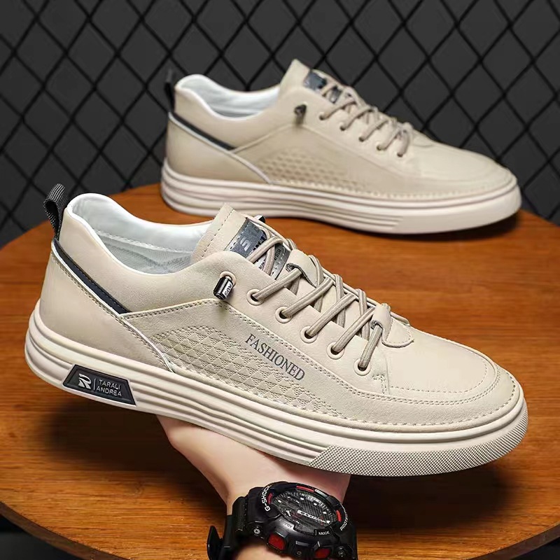 男鞋2024春季新款韓版潮流百搭小白鞋男士皮面薄款休閒透氣板鞋男